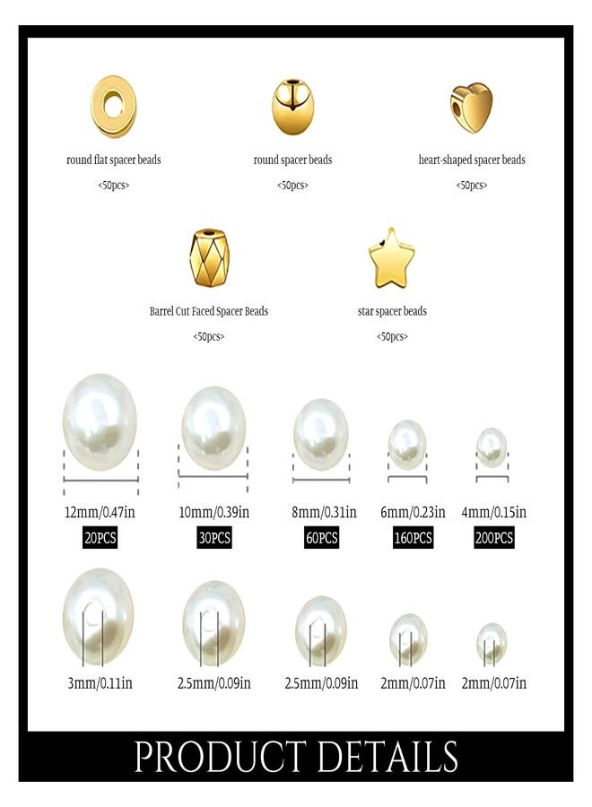 Skyzone Bead Making Kit - 720 PCS White Pearl & Gold Ball Heart Star Flat Spacer Beads for DIY Jewelry Crafts (10 Different Designs) - Image 2